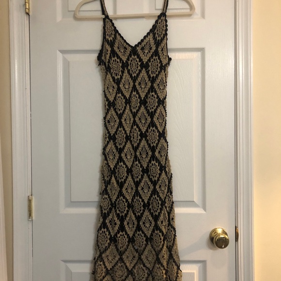 alfredo venini Dresses & Skirts - Vtg Alfredo Beige Beige and Black Crochet Maxi Slip Dress with Spaghetti Straps